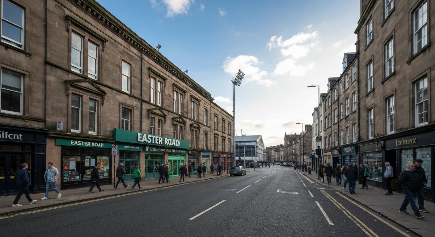 Easter Road stadium in Edinburgh on a matchday, green-and-white Hibs scarves outside the four-stand bowl and the street busy with supporters before kick-off
