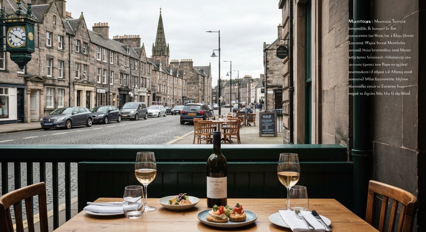 Montrose on Montrose Terrace in Abbeyhill, its intimate dining room and downstairs wine bar atmosphere suggested by a table set for small plates and organic wine