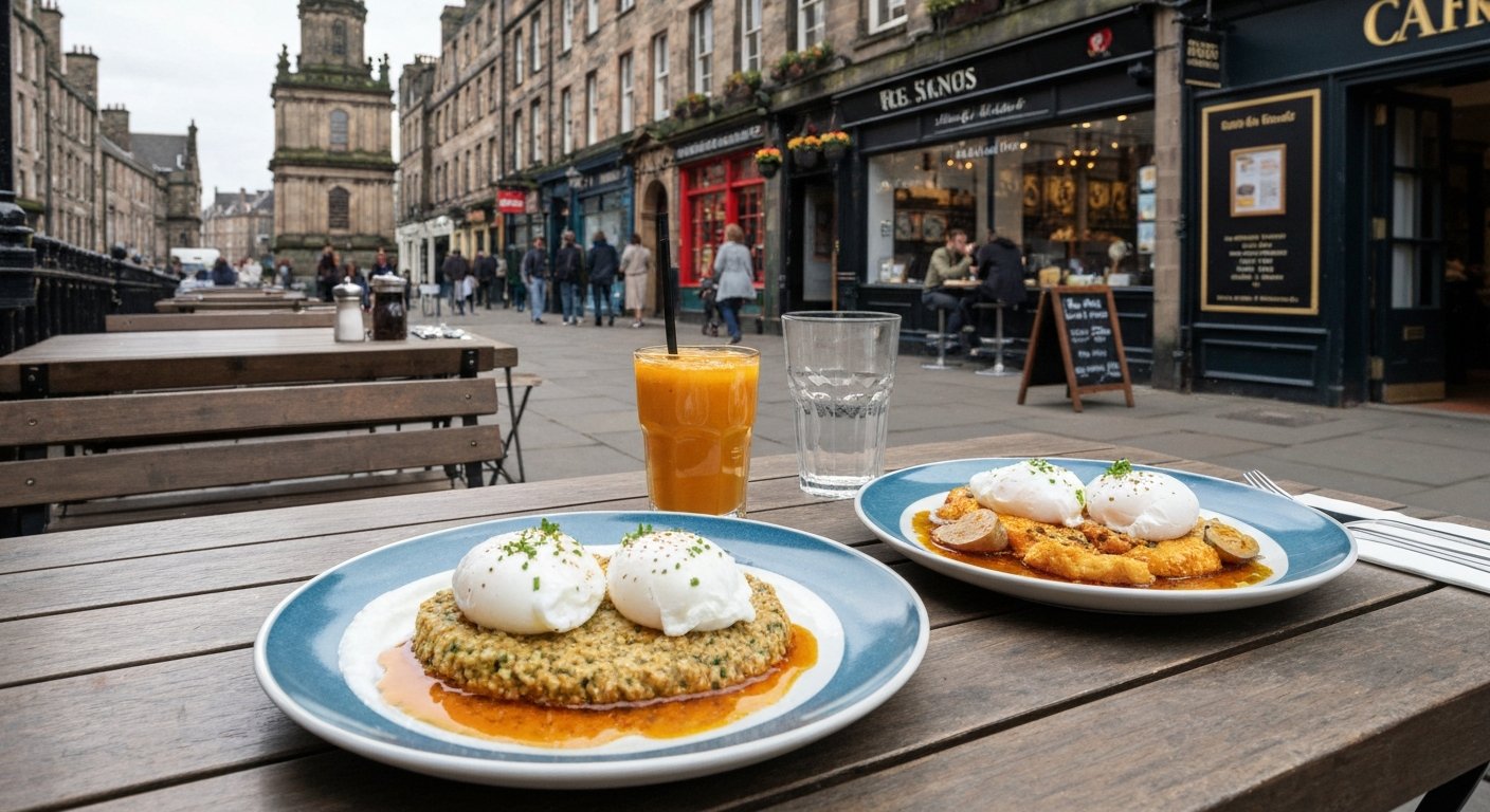 Turkish eggs at Red Kite Café on Cadzow Place, poached eggs over garlicky yoghurt with warm chilli butter on a bright brunch table
