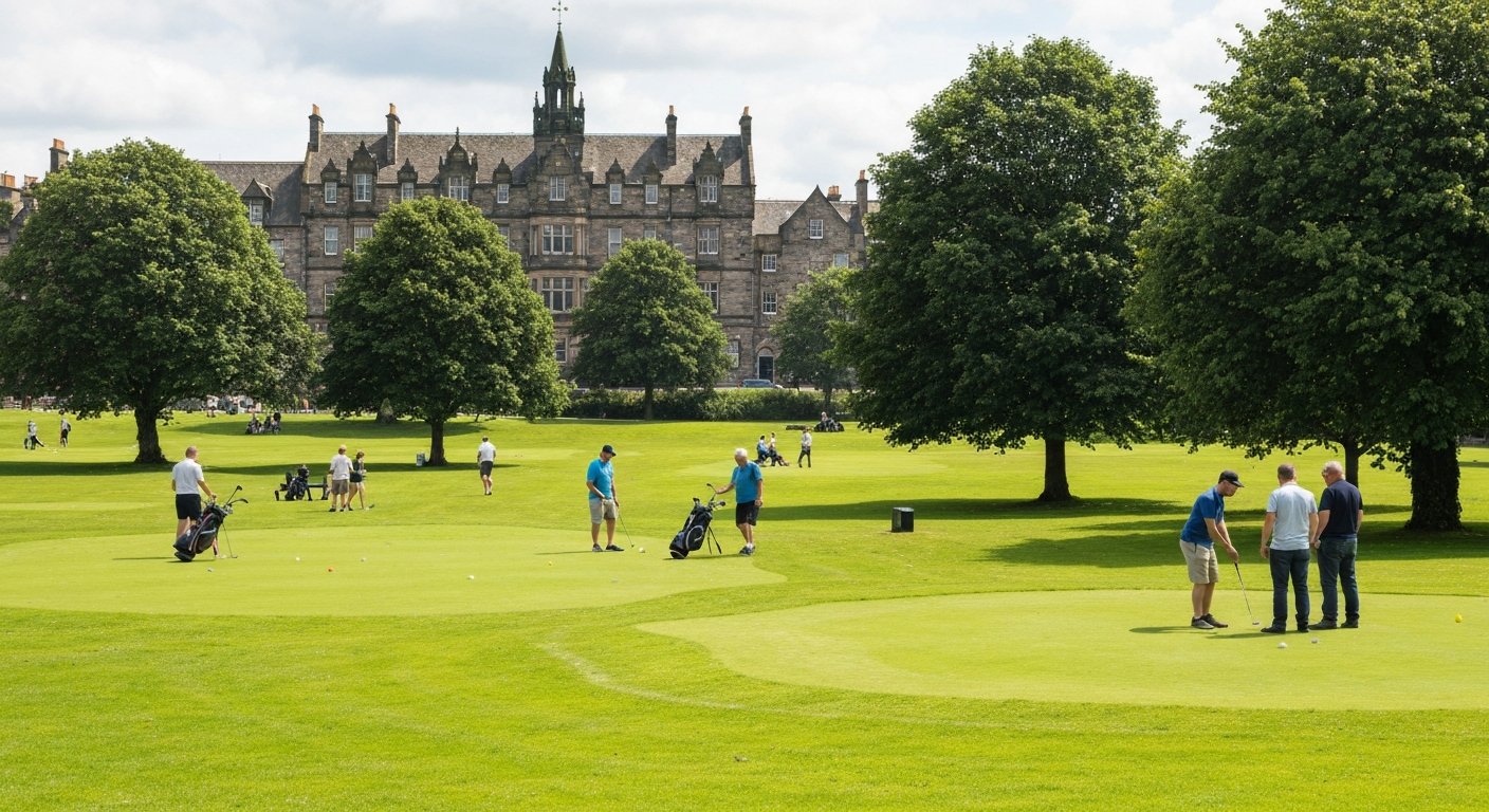 Bruntsfield Links in summer with golfers on the free short-hole course, the open parkland stretching toward The Meadows under bright daylight