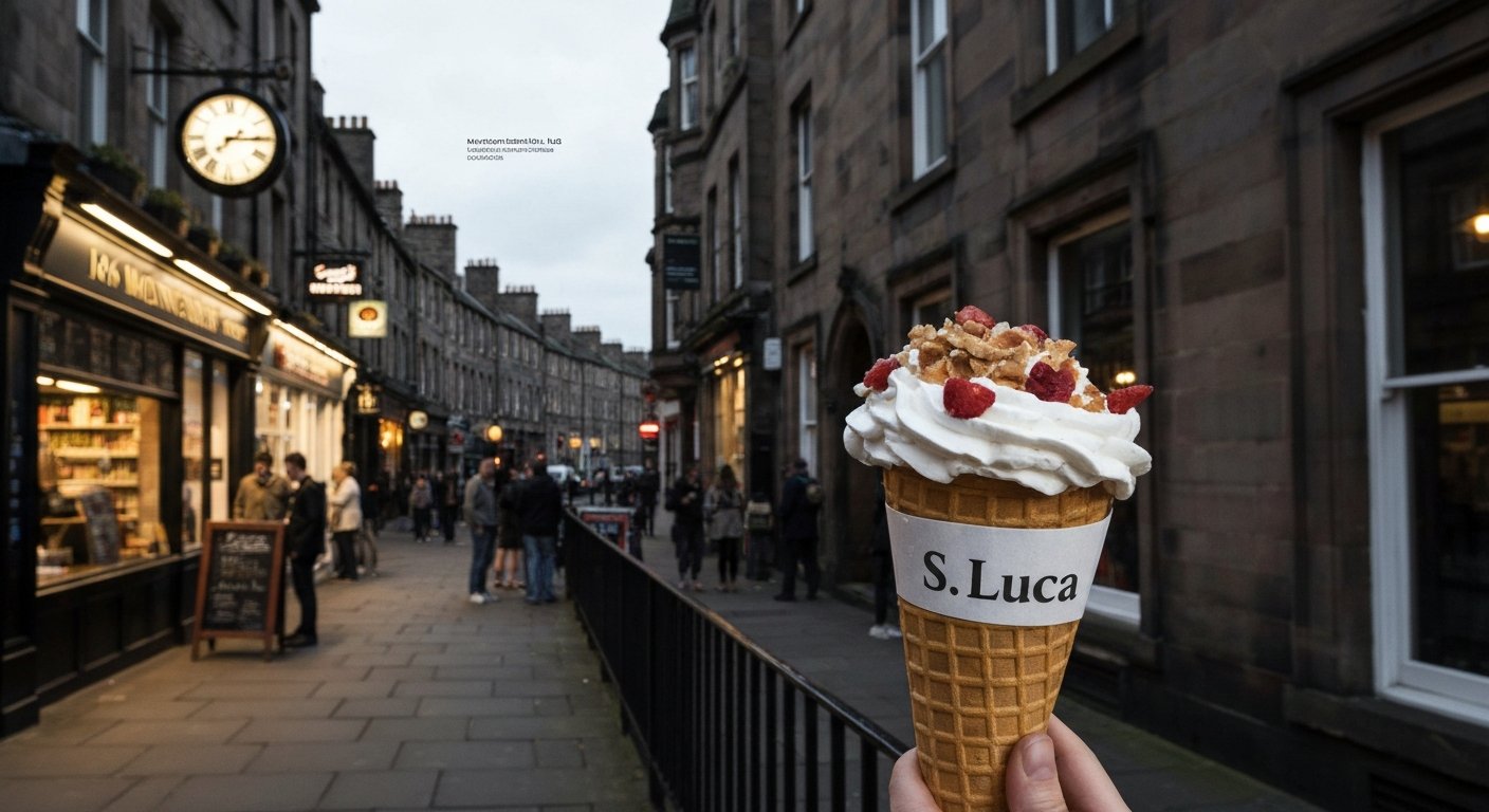a cone from S Luca outside 16 Morningside Road on a warm evening, with the queue spilling onto the pavement