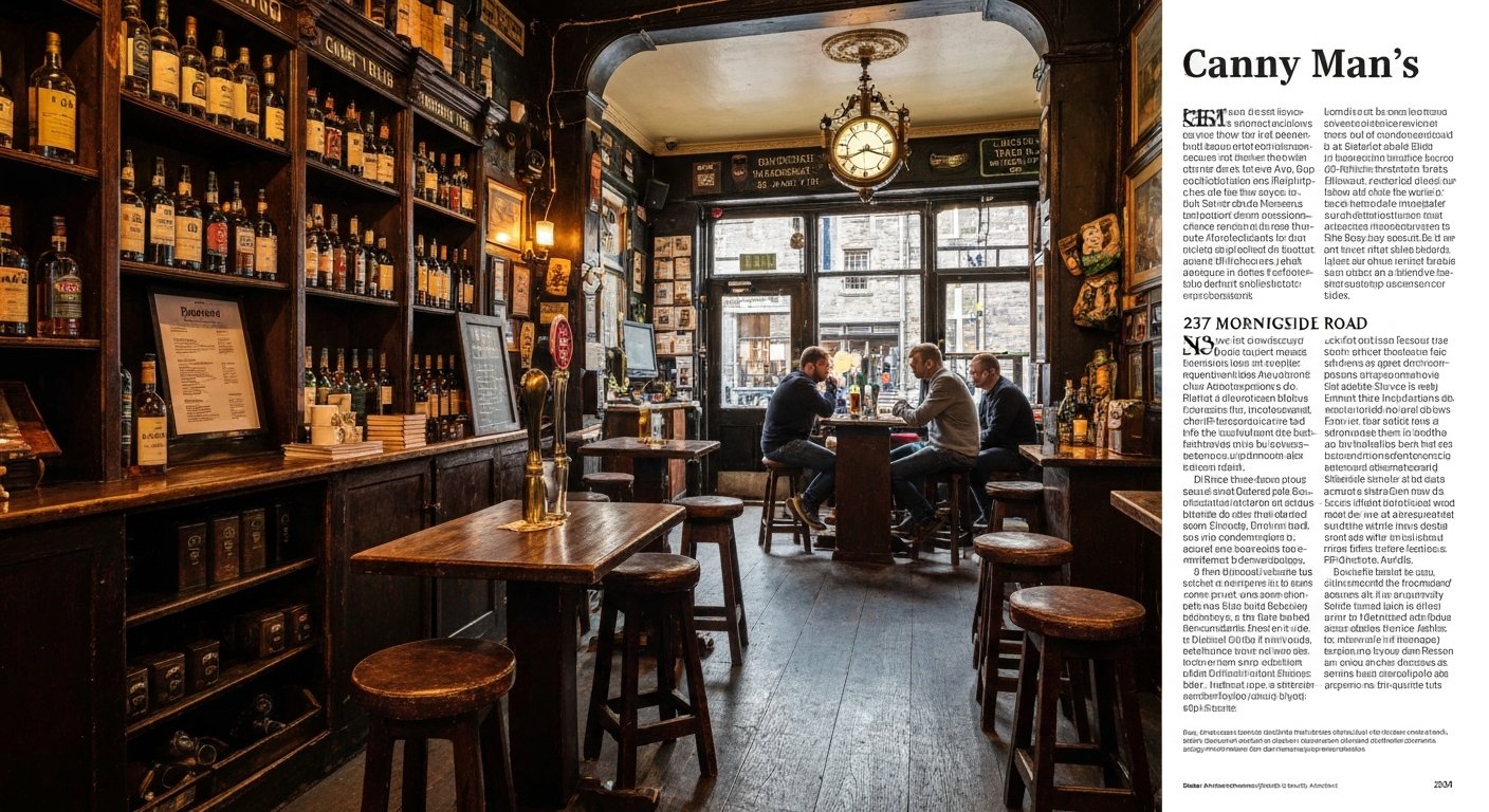 the cluttered interior of Canny Man’s at 237 Morningside Road, with whisky shelves, Victorian bric-a-brac and a low pub glow