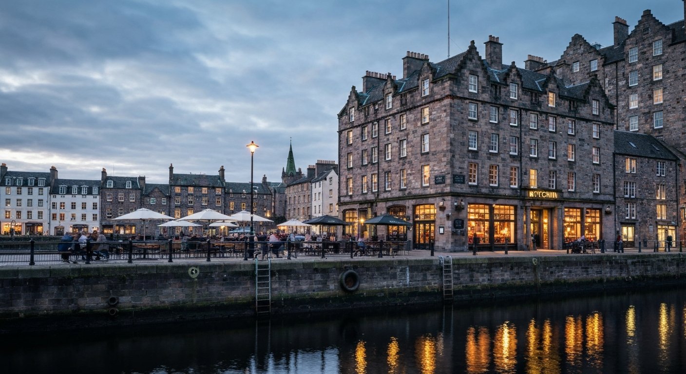 The Kitchin on Commercial Quay at dusk, its waterfront windows glowing while the quay outside sits quiet and reflective