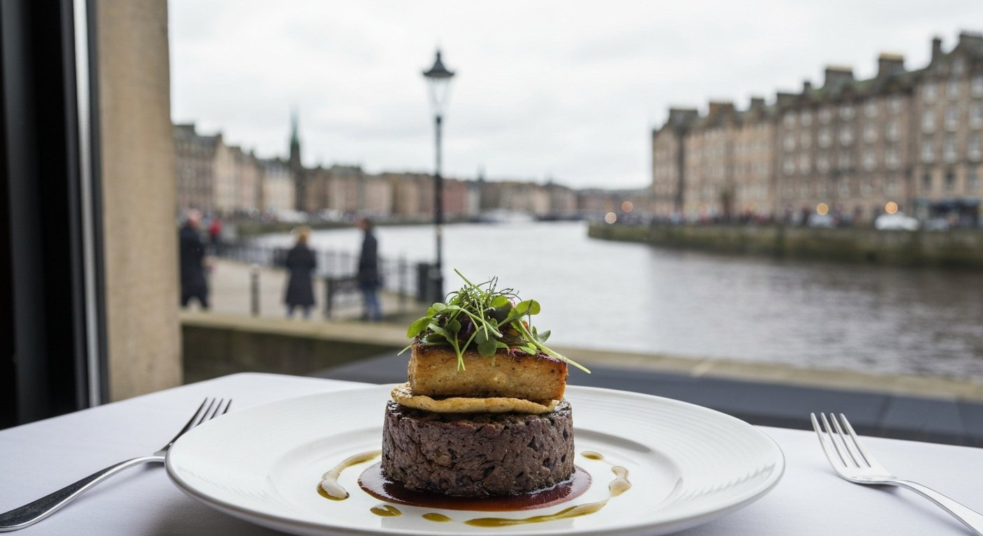 a plated modern-Scottish dish at Heron, bright corner-room daylight catching the food with the Water of Leith blurred beyond the window