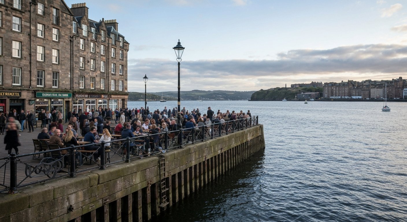 Teuchters Landing on the waterfront in late afternoon, the pontoon outside packed with drinkers and the Firth of Forth light beyond