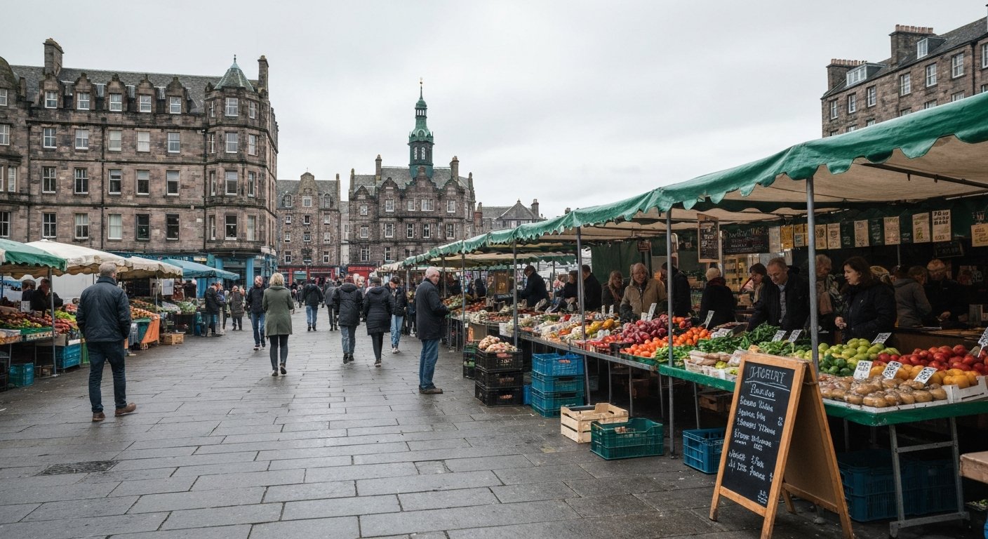 a weekend market scene near the waterfront in Leith, stalls of produce and street food under soft Edinburgh daylight