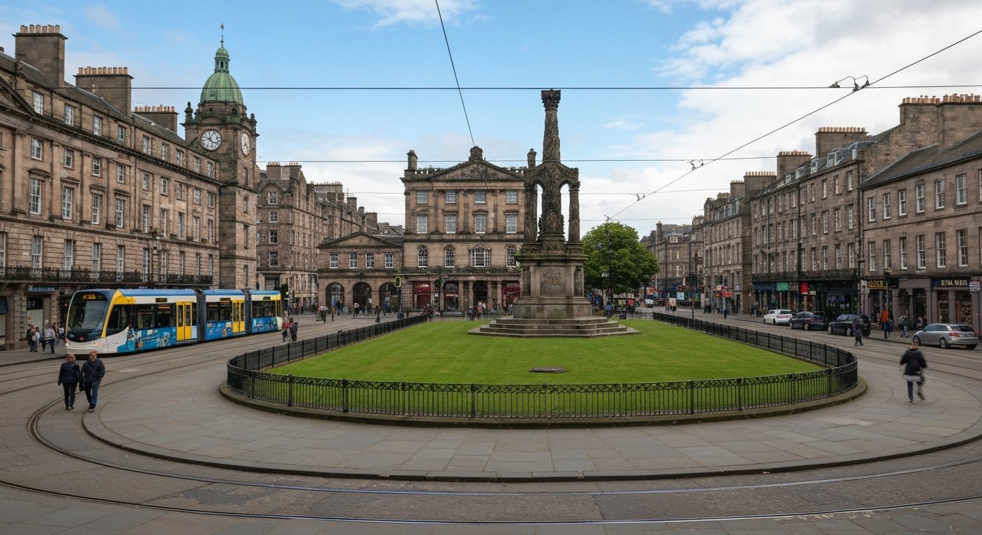St Andrew Square in Edinburgh’s New Town with the Melville Monument centred on the lawn, tram stop and Georgian façades around the edges in soft daylight
