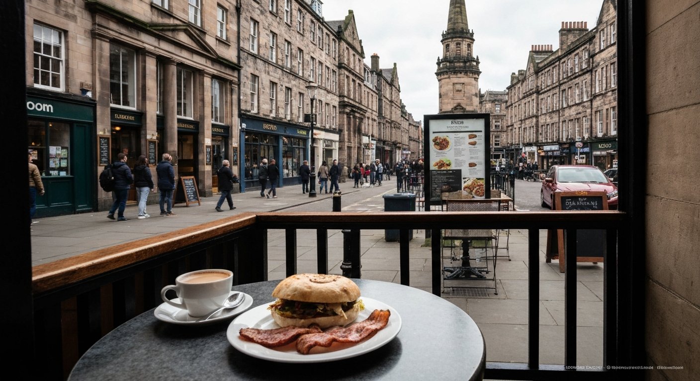 Dishoom on St Andrew Square at breakfast time, with the queue outside and a bacon naan roll on the table beside tea in the warm café interior