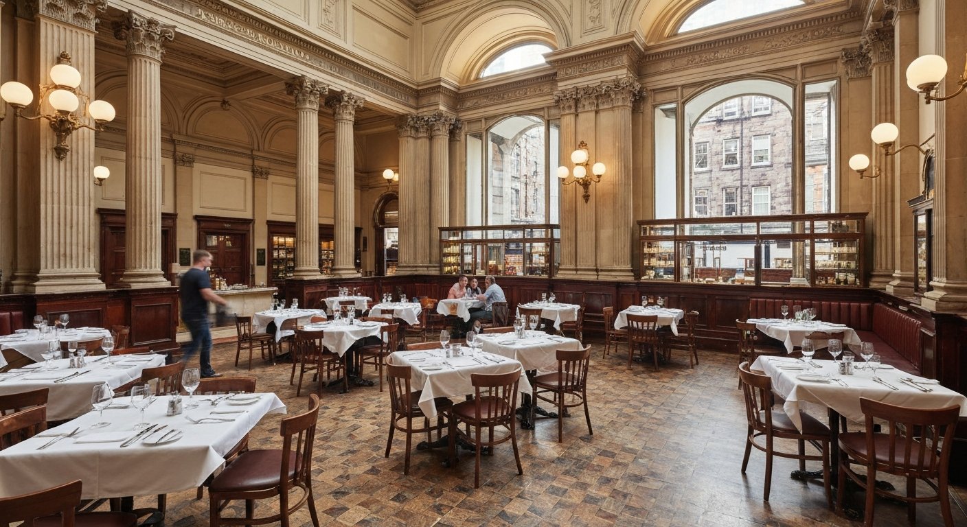 the grand interior of Contini George Street in a former banking hall, 26-foot ceilings, Corinthian columns and tables set for lunch