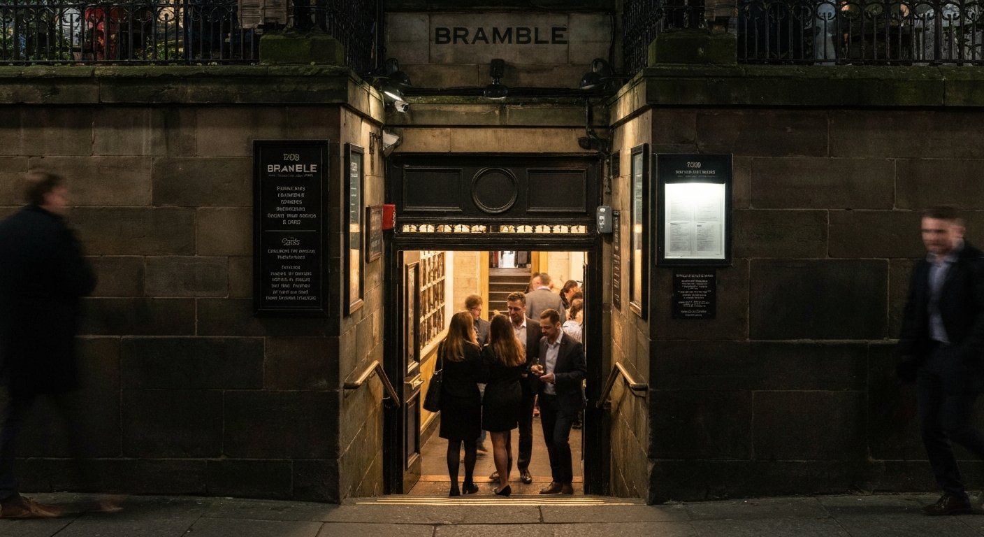 Bramble’s unmarked Queen Street basement entrance at night, guests descending a stairwell into warm low light for cocktails