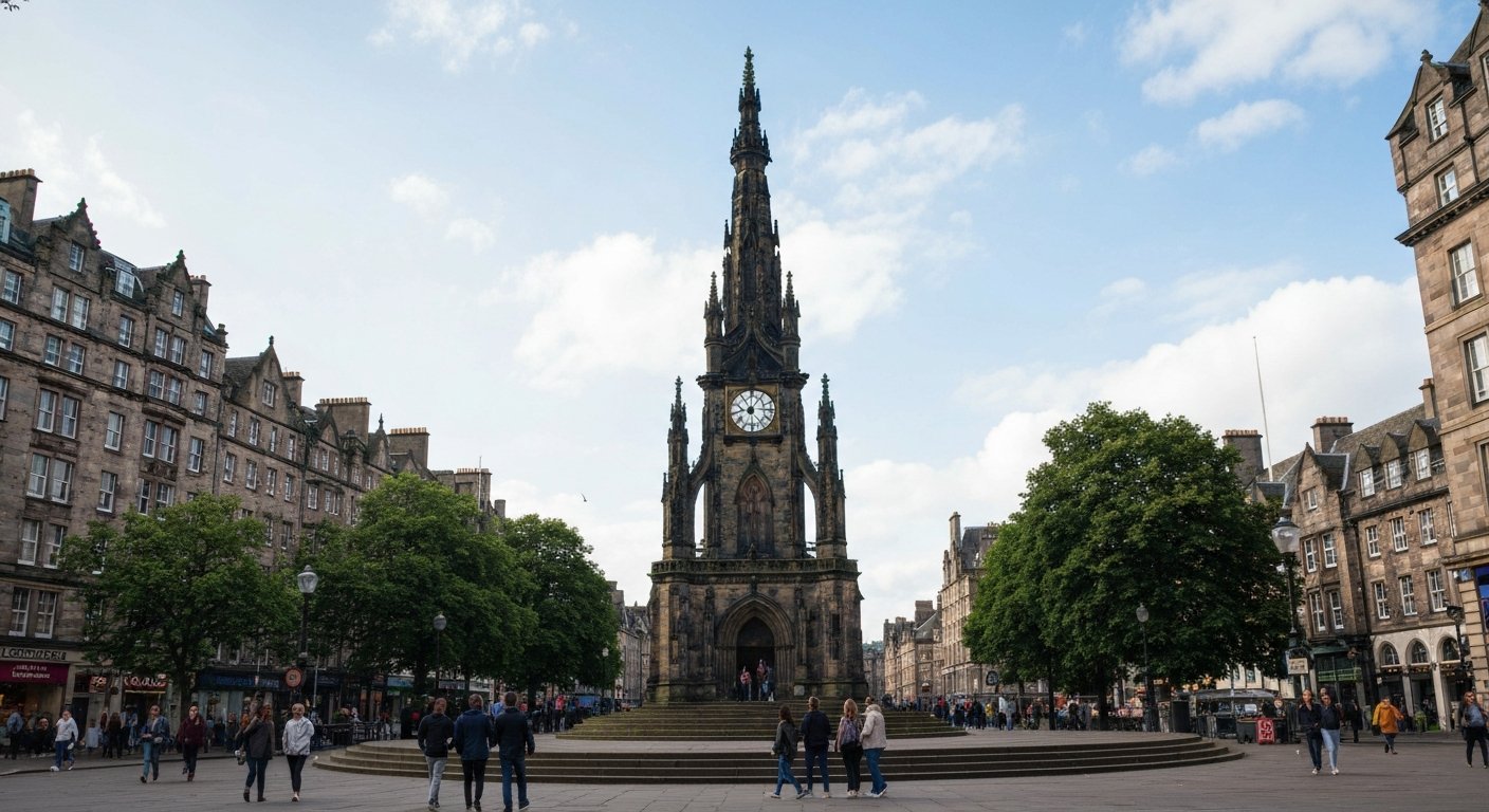 the Scott Monument rising above Princes Street Gardens, photographed from below with its Gothic spire against a bright Edinburgh sky