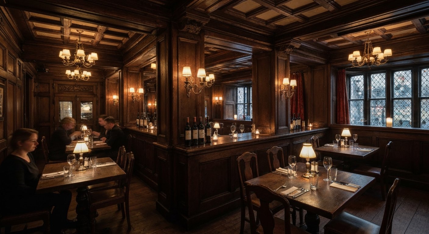 The Witchery by the Castle内のキャンドルで照らされたダイニングルーム、暗いオーク材の羽目板、銀器、薄明かりのランプが演劇的な夜の情景を創り出している