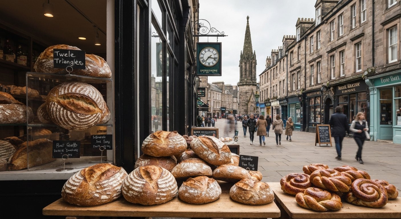 Twelve Triangles on Portobello High Street, a bakery counter with sourdough loaves and sticky cinnamon knots under warm morning light