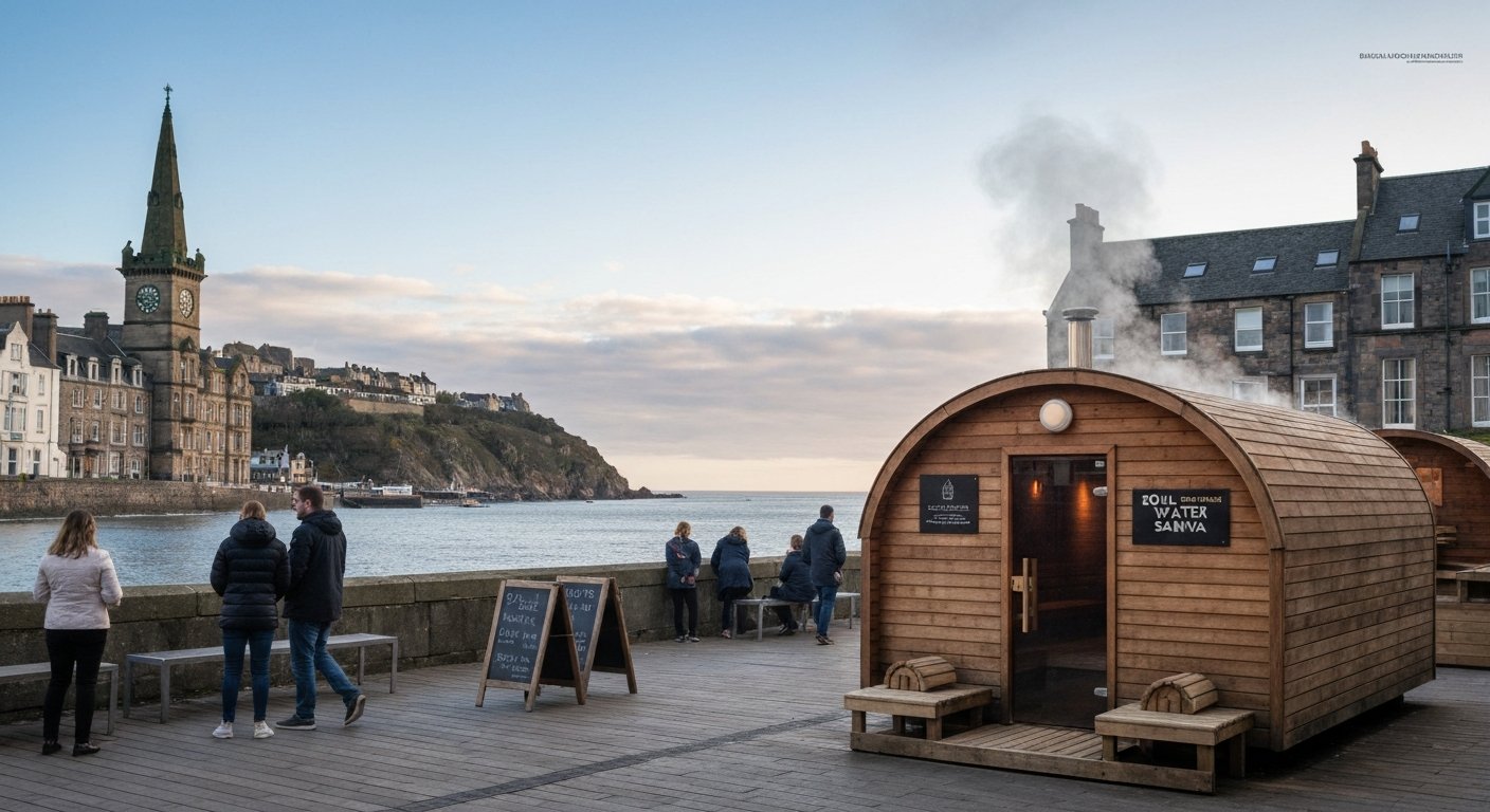Soul Water Sauna on Portobello promenade with steam rising from the wood-fired sauna and the North Sea visible just beyond for a cold plunge