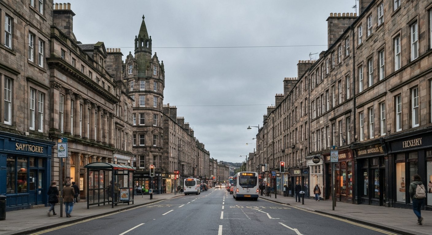 Nicolson Street in Southside Edinburgh met de gevel van het Festival Theatre, bushaltes, portieksteen en avondverkeer onder een grijze lucht