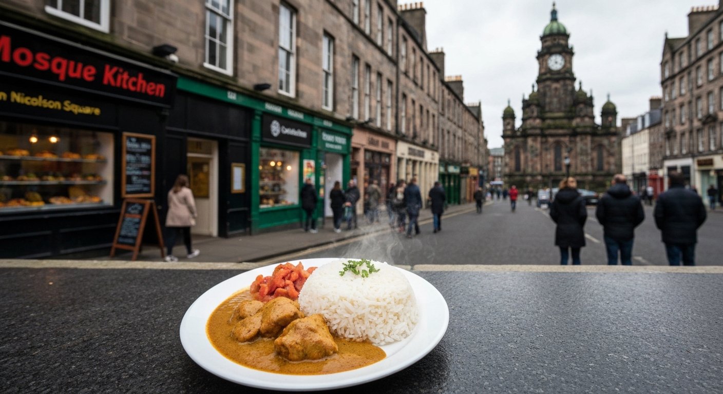 een bord kipcurry met rijst van Mosque Kitchen op Nicolson Square, eenvoudige kantinepresentatie en stoom in tl-licht