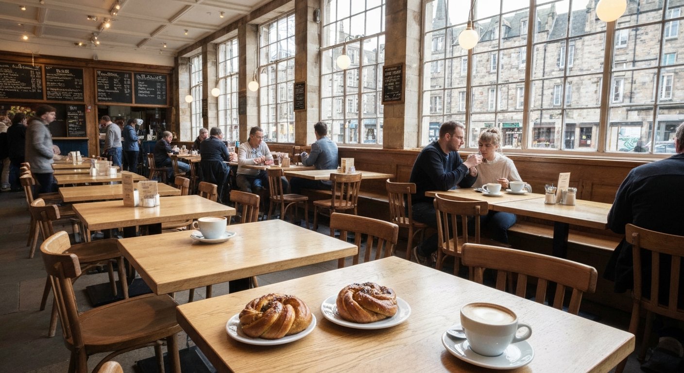 het lichte interieur van Söderberg Pavilion in Quartermile met kardemombolletjes, koffiekopjes en daglicht dat over lichte houten tafels stroomt