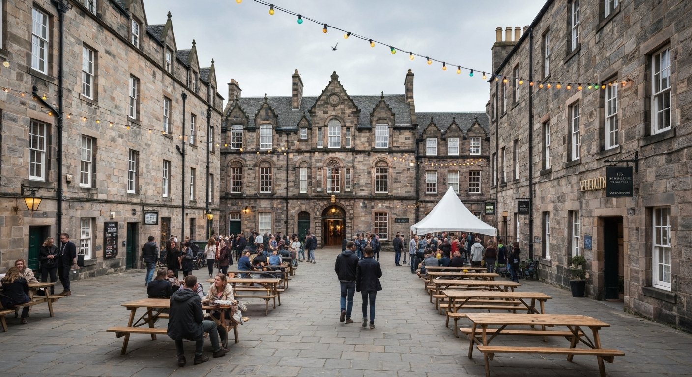 de binnenplaats van Summerhall Edinburgh met festivalbezoekers, oude veeartsenijschoolgebouwen, lichtslingers en de late-middag Fringe-drukte