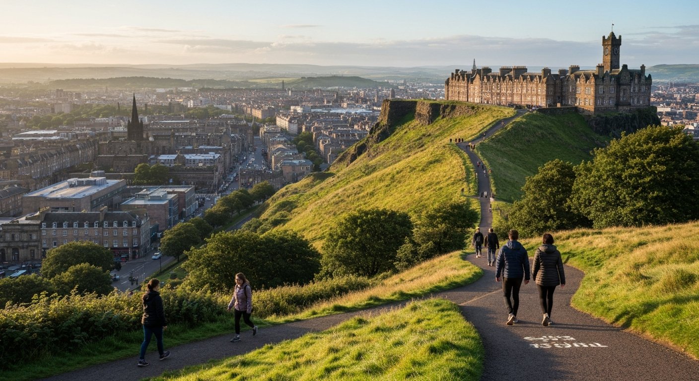 wandelaars op een gemarkeerd pad omhoog door Holyrood Park richting Arthur’s Seat, met Salisbury Crags en de stad beneden in zacht ochtendlicht