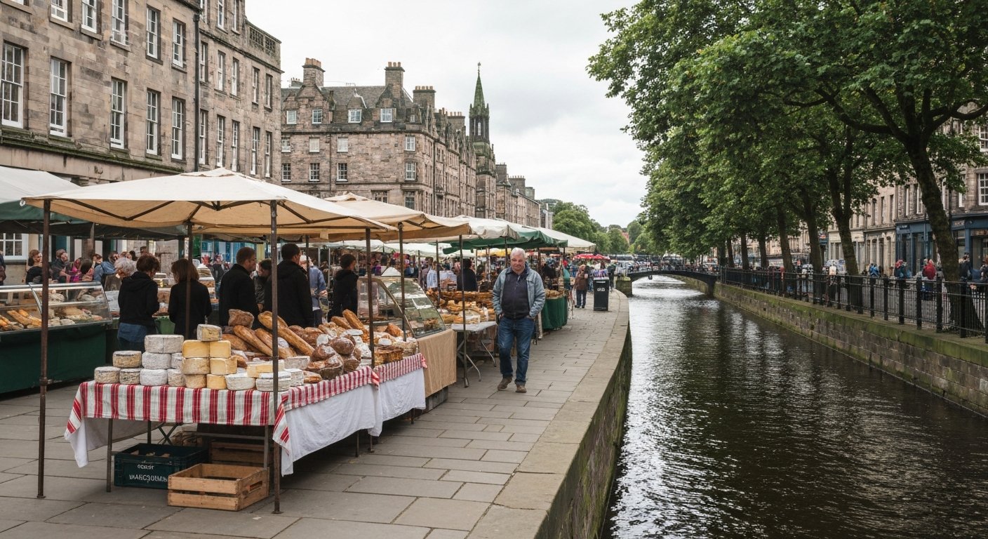 Stockbridge Market in Jubilee Gardens beside the Water of Leith, Sunday morning stalls under soft light with bread, cheese and shoppers moving between the tables