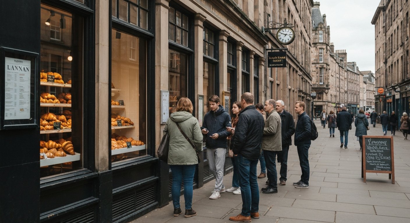 the queue outside Lannan on Hamilton Place in morning light, people waiting for croissants and cardamom buns beside the bakery windows