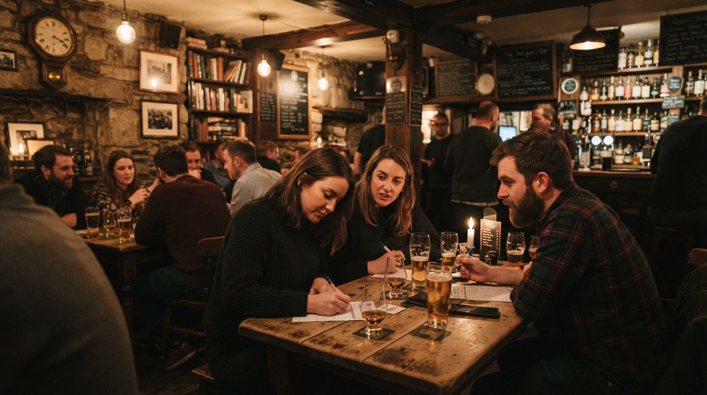 the warm interior of The Antiquary basement bar on St Stephen Street, whisky bottles, low lighting and a quiz-night atmosphere
