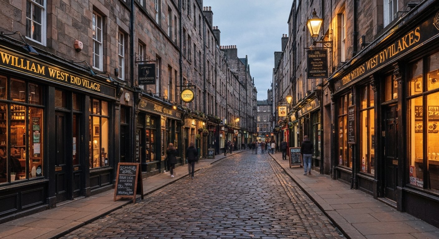 William Street in Edinburgh’s West End Village at dusk, cobbles, Victorian shopfronts and warm light from wine bars and pubs