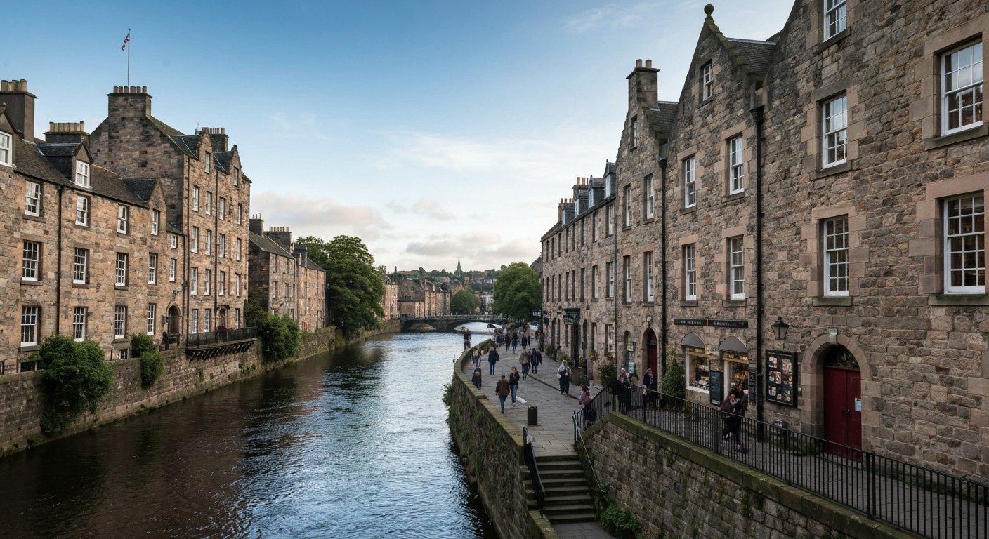 Dean Village in Edinburgh beside the Water of Leith, Well Court’s honey-coloured stone frontage and the river in soft morning light