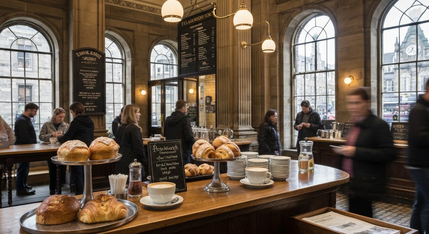 a brunch counter at The Palmerston in Edinburgh, house-baked pastries, coffee cups and morning light inside the former bank