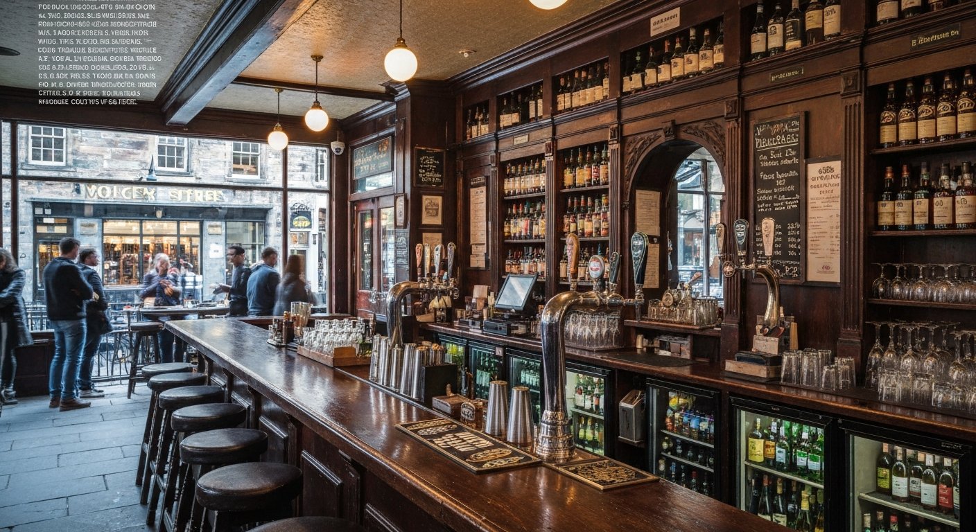the interior of Teuchters on William Street, rows of whisky bottles, pints on the bar and a warm pub glow