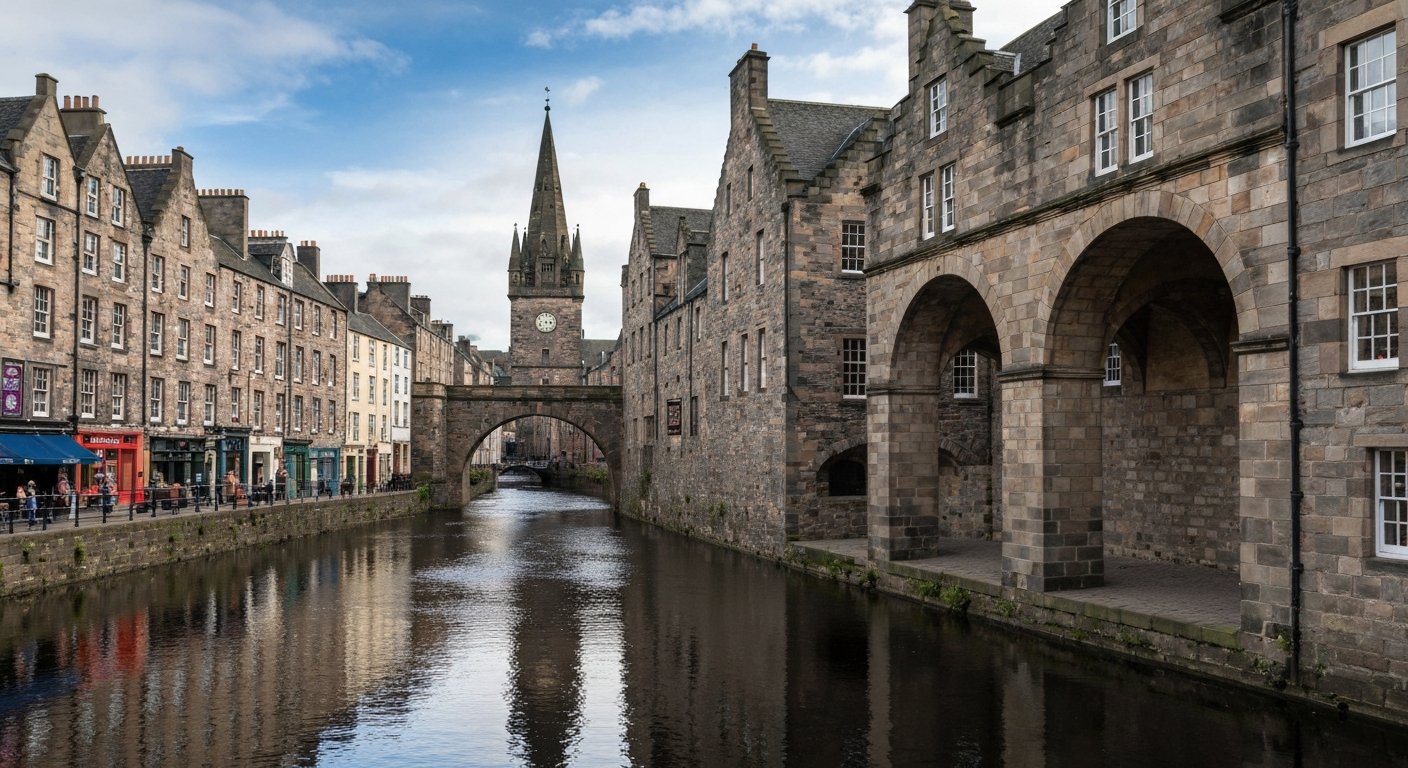 the arched frontage of Well Court in Dean Village, Edinburgh, reflected in the Water of Leith on a quiet afternoon